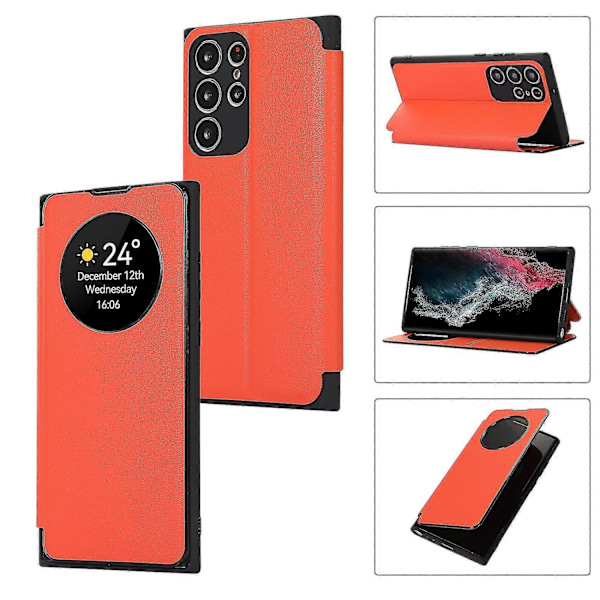 Fodral för Samsung Galaxy S24, Smart Sleep/Wake Up Funktion Visningsfönster Premium Läder Flipfodral med Kortplats, Ställ Trådlös Laddning-Perfekt orange S24