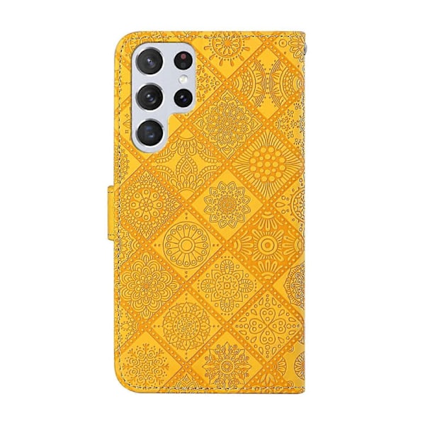 Yhteensopiva Samsung Galaxy S23 Ultra 5G Etninen Tyyli Kohokuvioitu Nahkainen Puhelinkotelo - Perfet Yellow
