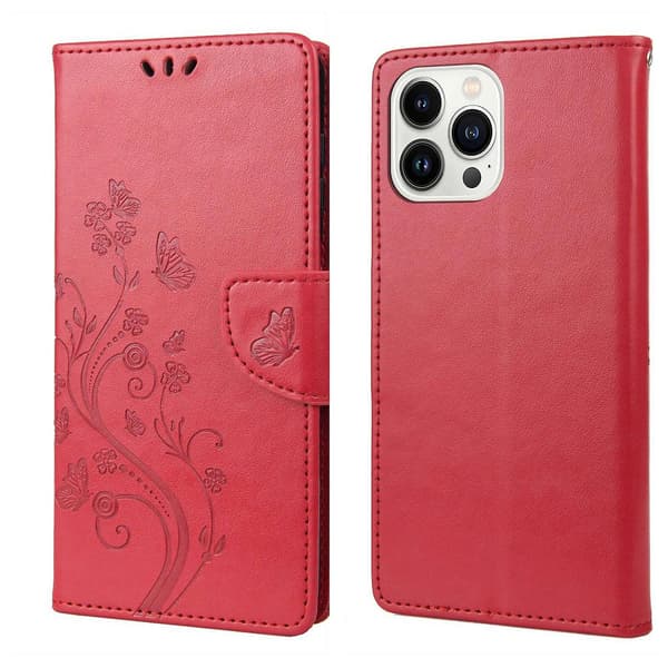 Butterfly Flower PU Etui Kompatibelt med iPhone 14 Pro-Perfet Red