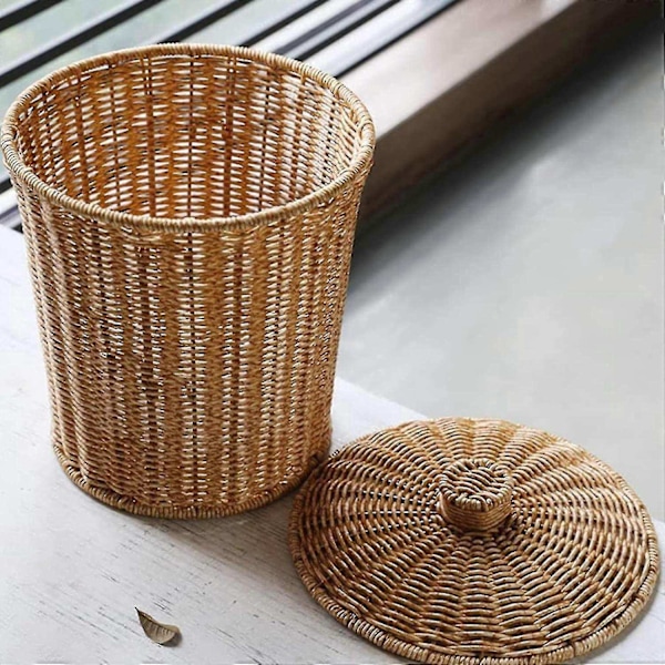 Vävd Papperskorg Rund Rotting Papperskorg med Lock Planter Vävd Korgar Korg Papperskorg - Perfekt