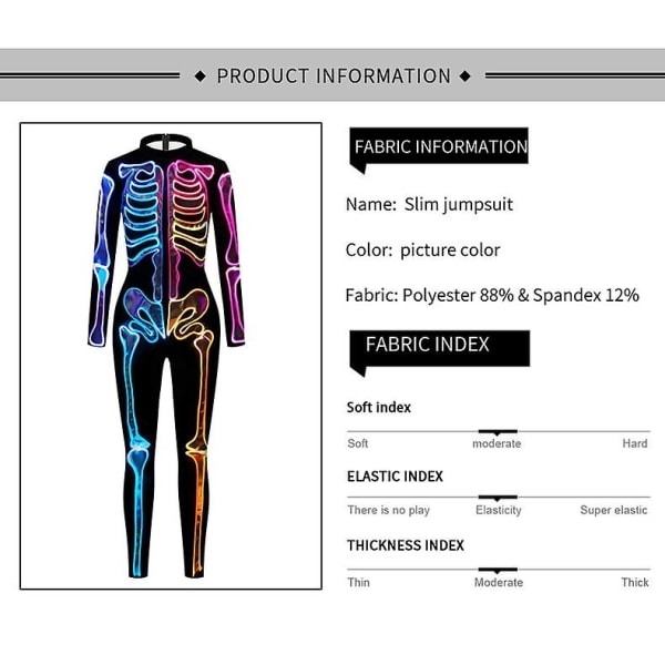 Luuranko-asu Halloween-sisustus Cosplay-haalarit Värikäs Skeleton Body 3D Stretch Skinny - Perfet XL