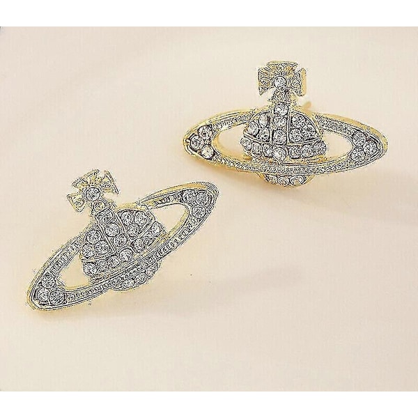 Krystall Saturn Hjerte Orb Dråpe Hengende Øredobber Rhinestone Sølv Gull - På lager - Perfekt Gold