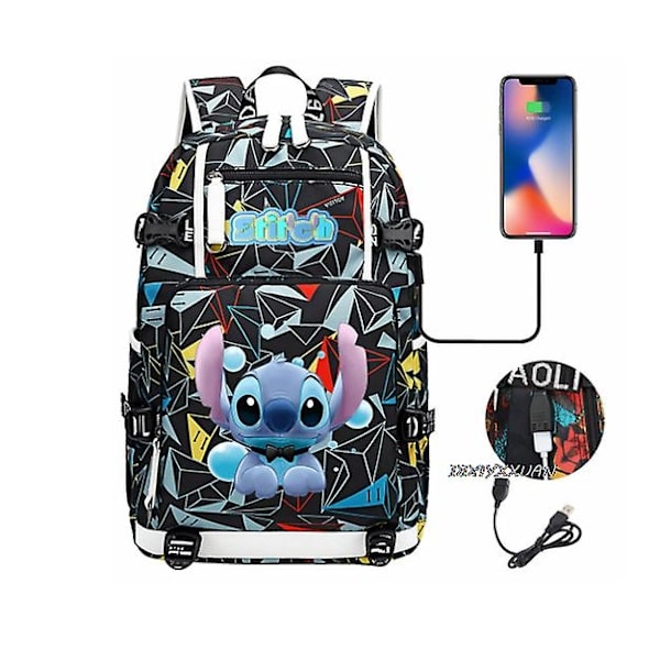 Lilo og Stitch Skoletasker Kapacitet Rygsække Drenge Piger USB Opladning Rejse Stor Laptop College Studerende Skolepose Bagpack-Perfet plum