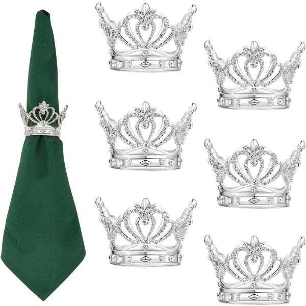 Hopeaiset lautasliinasormukset 6 set - Crown tekojalokivi joululautasliina - täydellinen