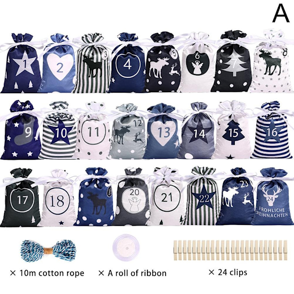 24 STK Jule-adventskalender Gaveposer Snørepose Fest D blue 24pcs