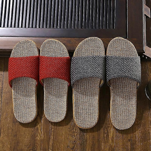 Par slippers i linned til hjemmet - tatami, trægulv, halm, rattan, sommer, skridsikker, indendørs - perfekt Rubber Red 35-36