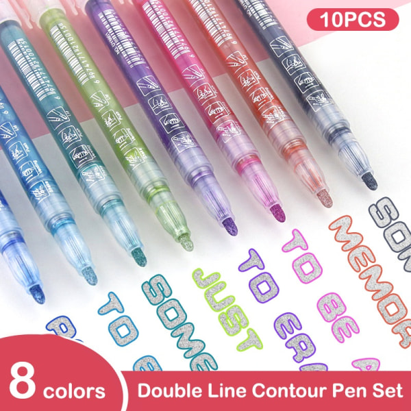 Double Line Outline Art Marker Pen Permanent Marker - Perfet 8 PCS