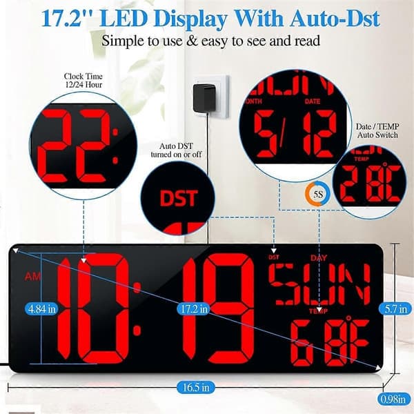 Stor Digital Väggklocka 17,2 Tum LED-Display Timer med Datum Vecka Auto Justerbar Ljusstyrka EU-Kontakt-Perfet