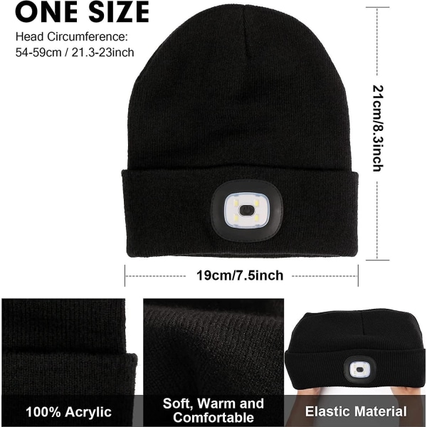 Unisex Led Beanie Hat USB -ladattavalla akulla 5 tuntia power valo - Perfet Black