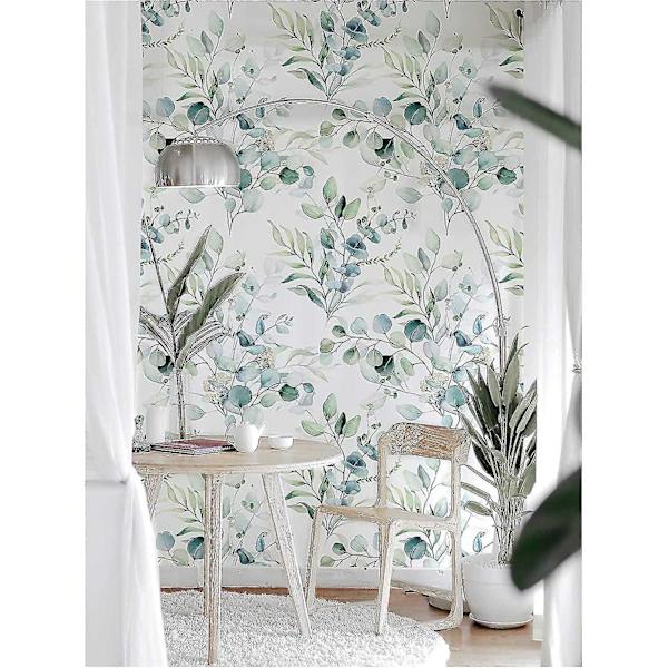 Peel and Stick Tapet Grønn/Hvit Eucalyptus Leaf Blomster Veggdekor Hjemmebarnehage Boho Dekor 17,7 tommer X 9,8 fot - Perfet