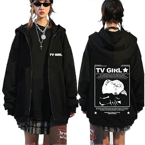 TV Girl Who Really Cares -graafinen vetoketjullinen huppari miehille ja naisille, muodikas, rento, ylisuuri vetoketjutakki, fleece-collegepaita miehille - Perfet LLM-Black-Z03640 M