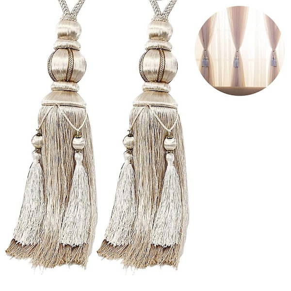 Beige 2-pack Lyktor Enstaka Hängande Boll-Tofs Gardinknappar Sling Bindning Lyktor Tiebacks Handgjorda Flätade Spännen Draperi-Perfekt