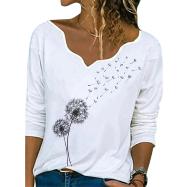Kvinnor Casual Lös V-tryckt Långärmad T-shirt Topp - Perfet White dandelion,XL