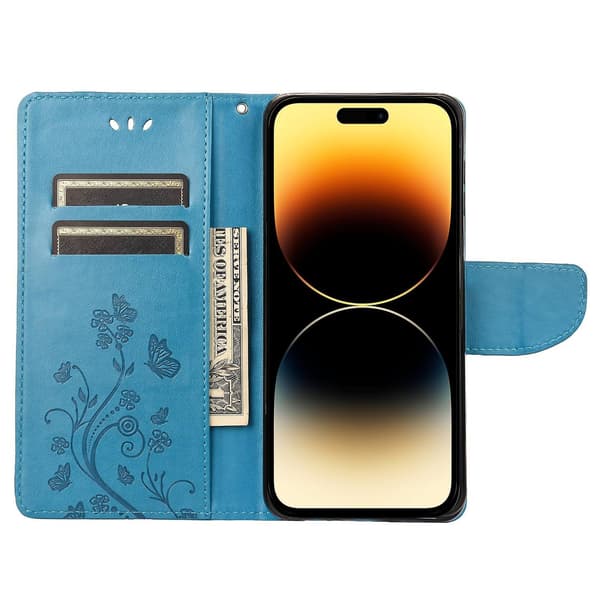 Butterfly Flower PU-deksel Kompatibelt med iPhone 14 Pro-Perfet Blue