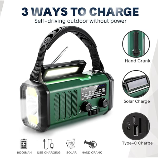Nødradio med håndsving, solcelle og USB-opladning - 10.000 mAh batteri - NOAA/AM/FM vejrradio - LED-lommelygte og læselampe - SOS-alarm - Perfekt