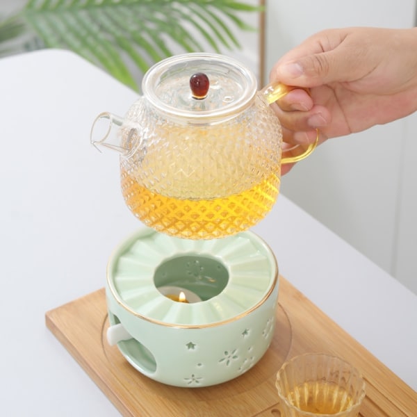 1 set keraaminen teekannunlämmitin Kotitalouksien teekannun lämmitysalustan teenlämmitin (vaaleanvihreä) - Perfet