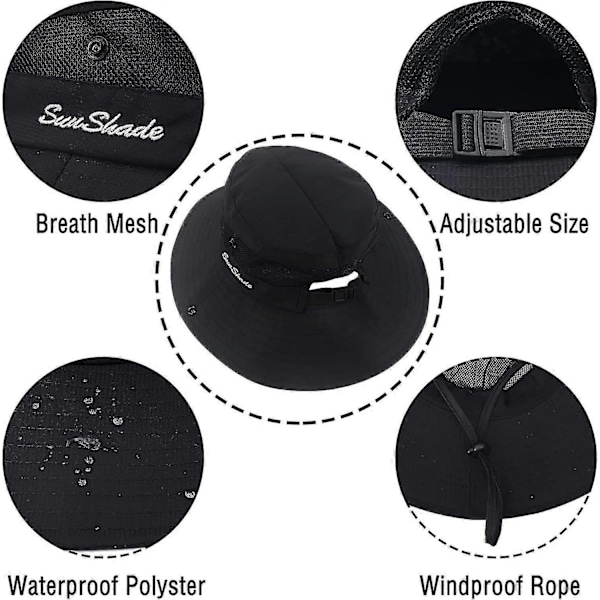 Solhatt för damer, sommar, strand, bred brätte, UV-skydd, hopfällbar hästsvanshinkhatt från inHan-Perfet Black