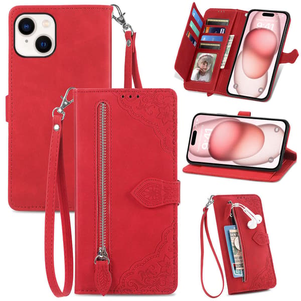 iPhone-fodral - Flip-läderfodral med präglade kortplatser, rött för iPhone 14 Plus Red iPhone 14 Plus