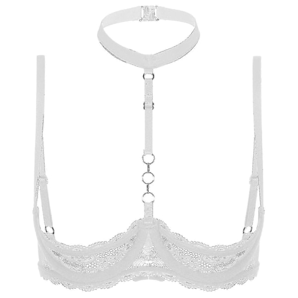 Dam 1/4-kupa bygel-bh halterneck O-ring transparent spets push-up bh underkläder öppen byst bh underkläder-Perfet White A XL