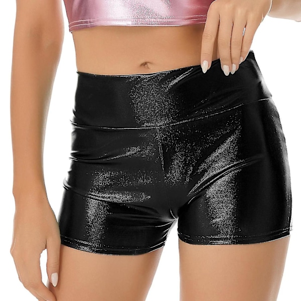 Women Pole Dance Shorts High Waist Metallic Shiny Patent Leather Hot Shorts Workout Rave Party Pole Dancing Bottoms Clubwear-Perfet A Black S