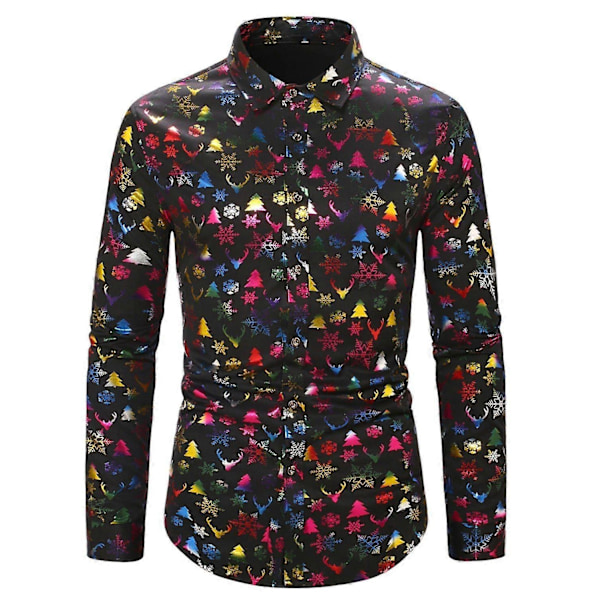 Mænds Business Casual Langærmet Skjorte Skinnende Guld Træ Elg Print Juletrøje-Perfet black6 L