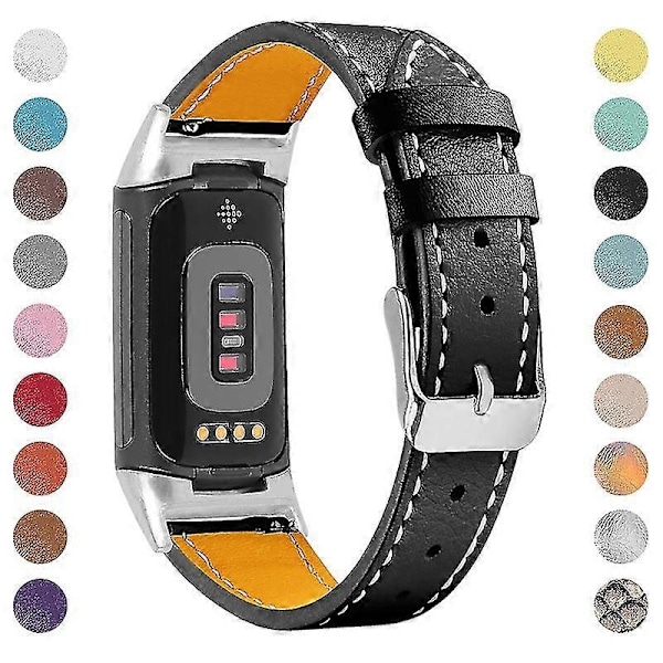 Ekte Lær Justerbar Rem Kompatibel med Fitbit Charge 6/5 - Komfortabel og Slitesterk Kaffe Rem - Perfekt Black Fitbit Charge 6
