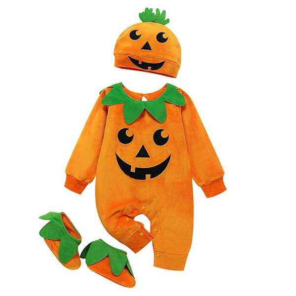 Halloween Nyfødt Baby Éndels Pumpekin Romper Kostume Jumpsuit + Hat + Støvler Outfits Sæt til 0-24 Måneder-Perfekt 12-18 Months