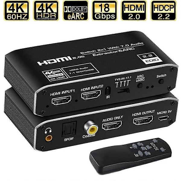 2x1 HDMI Switcher eARC Audio Extractor med ARC Optisk Toslink HDMI 2.0 Switcher 4K 60Hz HDMI Switcher Fjernbetjening til Apple TV PS4 - Perfet EU PLUG