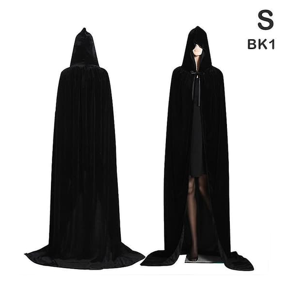 Middelaldersk vampyrfløyel hettekappe lang kappe heksekapper Halloween-kostyme - Perfekt Black L