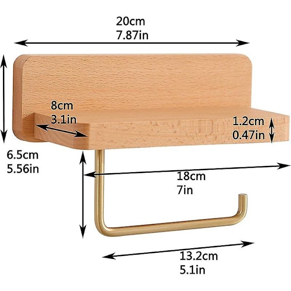 Toalettpapirholder i tre med hylle, selvklebende veggmontert toalettpapirholder for bad - Perfekt
