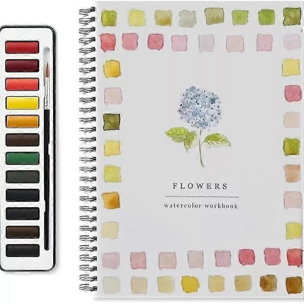 Akvarel Arbejdsbog, Begyndervenlige Akvarel Arbejdsbøger, 12 Farver Akvarelfarvesæt - Perfekt Flowers