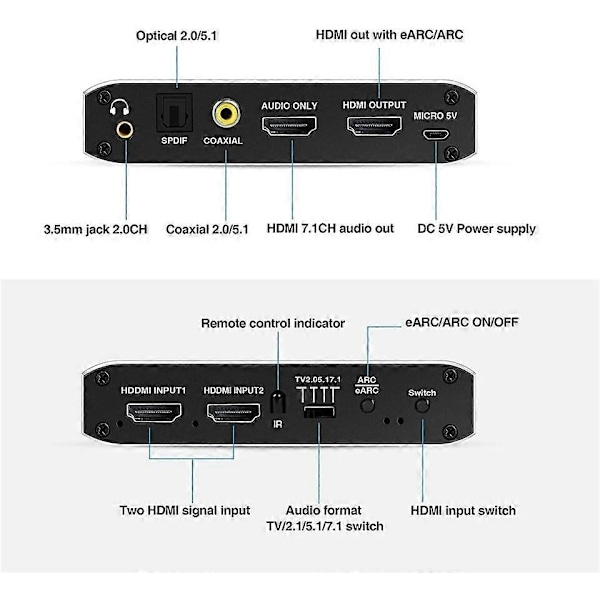 2x1 HDMI Switcher eARC Audio Extractor med ARC Optisk Toslink HDMI 2.0 Switcher 4K 60Hz HDMI Switcher Fjernbetjening til Apple TV PS4 - Perfet EU PLUG