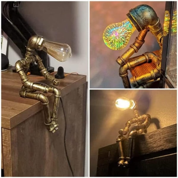 Steampunk-pöytälamppu, Vintage Industrial Bronze Tube Robot-pöytävalaisin Edison-polttimolla Creative Gifts - Perfet