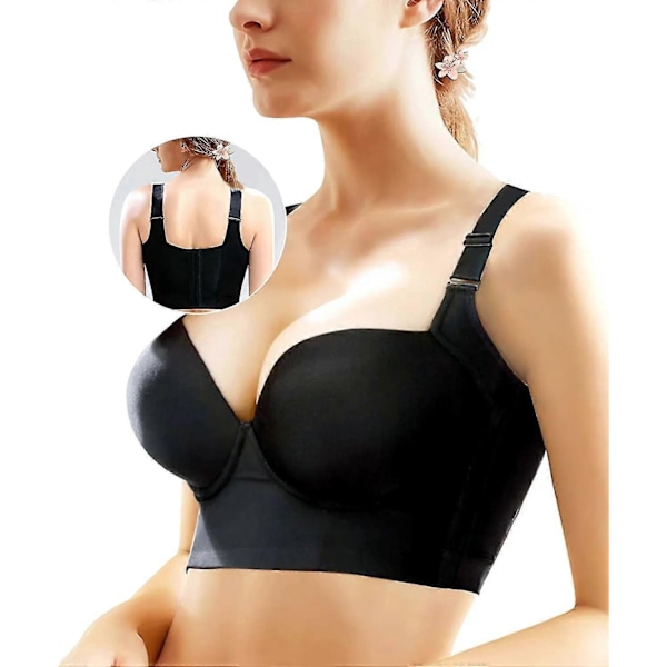 Push Up BH til Kvinder, Full-Coverage Bøjle BH, Skjuler Rygfedt Dyb Cup BH, Glattende T-shirt BH, Formende Uplift BH - Perfekt Black 46D