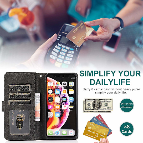 Kompatibel med iPhone Xr Cover, 8 Kort Slots Retro Læder Wallet Stødsikkert Flip Kickstand Cover med Lynlåslomme-Perfet Black