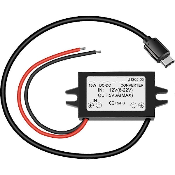 1 Styck Vattentät 12V till 5V 3A Konverterare, Typ C USB C DC-DC Spänningsomvandlare Strömförsörjning Kompatibel med Raspberry Pi 4, Mobiltelefon, Bil - Perfekt
