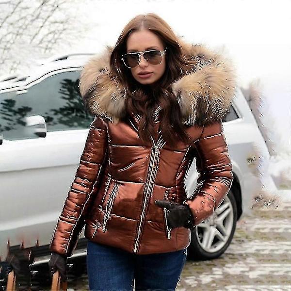 Dame Vinter Kunstig Pels Hætte Puffer Dunjakke Lady Tyk Quiltet Polstret Jakke Lynlås Parka-Perfet brown XL