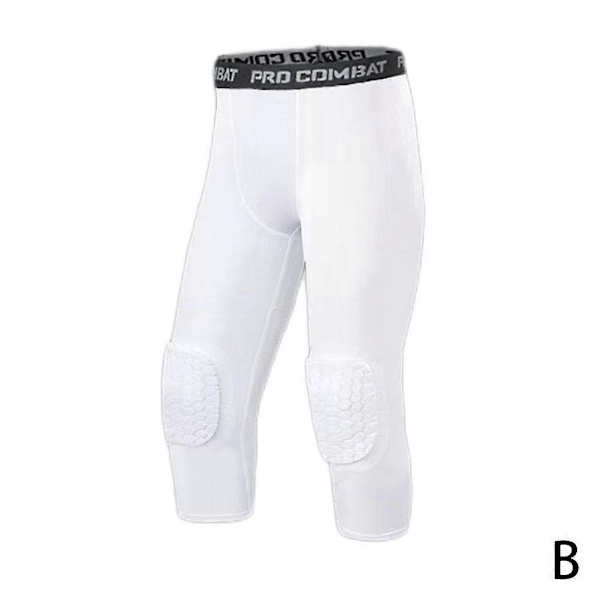 Män Säkerhets Anti-kollision Byxor Basketbollsträning 3/4 Tights Leggings med Knäskyddsskydd Sport Kompressionsbyxor-Perfekt white XXL