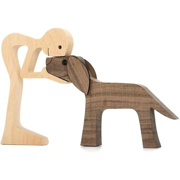 Familievalp Treskjæring, naturlig massivt tre Kjæledyrhund Familiehåndverk Skulptur, håndskårne figurer Kreative gaver (mann og hund) - Perfet