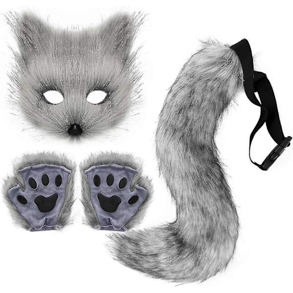 Konstgjord Pälsräv Svans Katt Varulv Cosplay Kostym Set Plysch Mask Fluffiga Tassar Handskar Halloween Jul-Perfekt Dark Gray