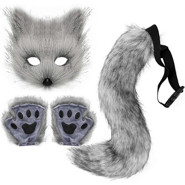 Tekokarvainen Ketun Hännän Kissan Susi Cosplay-Pukusetti Pehmoinen Naamio Nukkainen Kynsihanskat Halloween Joulu - Täydellinen Dark Gray
