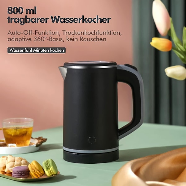 Kogende Vandkoger i Rustfrit Stål, Mini Rejsekoger til 0,8 Liter, 600 Watt Elektrisk Vandkoger, Dobbeltlagsdesign, Overophedningsbeskyttelse, Hurtig Kogningsfunktion, Stille black