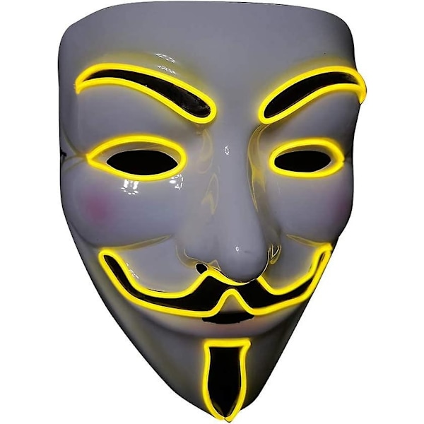 LED Mask V Vendetta Mask Neon Mask EL Wire Lyser upp för Halloween Kostym Cosplay Party-Perfekt V-yellow