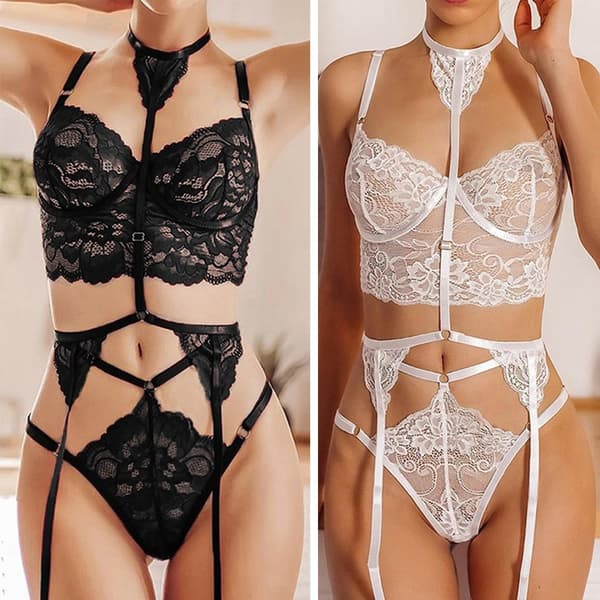 Sexiga underkläder i spets för kvinnor, pyjamas med strumpor - Perfet Black L