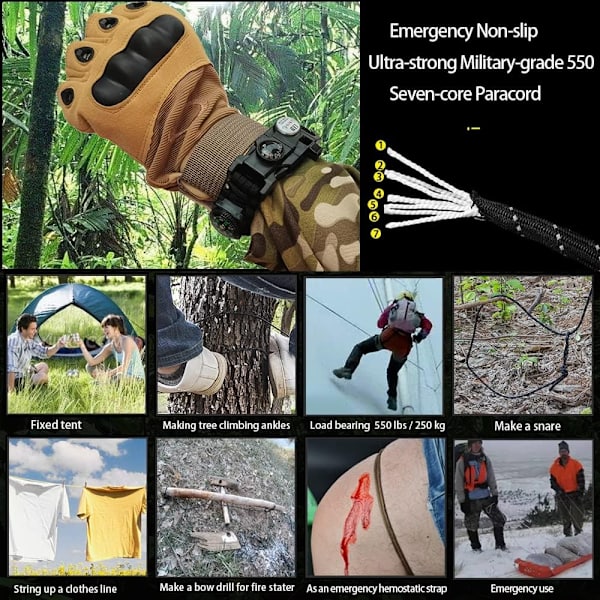 Survival Paracord-armbånd, ildstarter, vandtæt SOS-lys, kompas, fløjte, 20 i 1, udendørs ultimativ taktisk overlevelsesudstyrsæt, gave-perfet svart