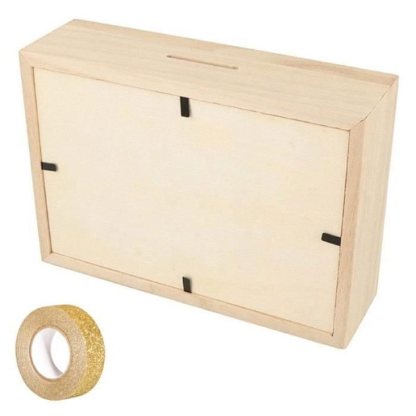 Spargris med träram att skräddarsy 12 x 17 cm + gyllene glitter maskeringstejp 5 m erbjuds- Perfet