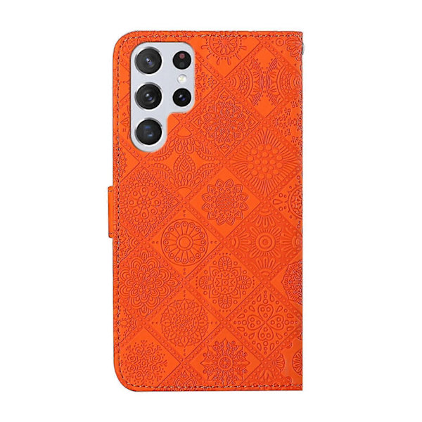 Kompatibel med Samsung Galaxy S23 Ultra 5G Etnisk Stil Præget Mønster Læder Telefon Cover - Perfet Orange