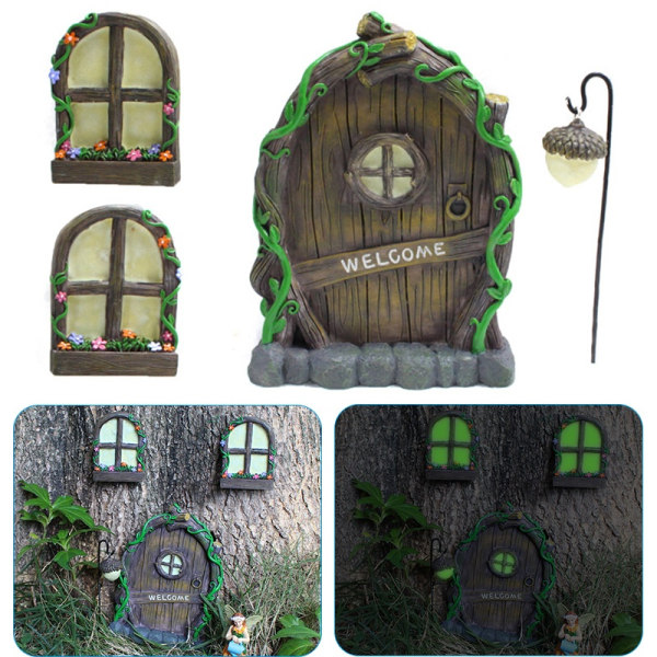 Fairy dør og vindue til træglødende miniature Fairy Garden udendørs indretning med bonus Fairy Lanterne Glød i mørket Noctilucent