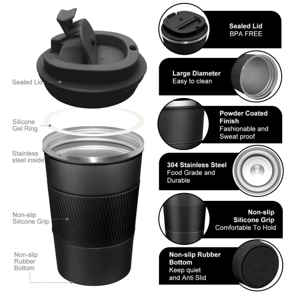 Rejsekrus med lækagesikkert låg, isoleret kaffekrus (sort) - Perfet