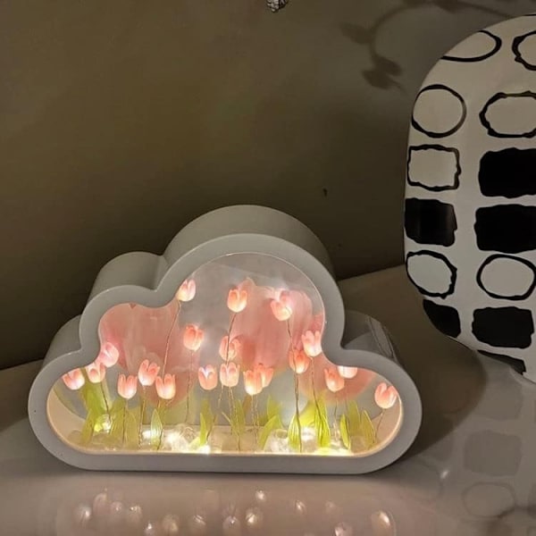 DIY Tulip Natlampe, Cloud Mirror Simulering, Blomster, Sengebordslampe, Boligindretning, Teenagepigeværelsesindretning, Stearinlys (Pink)- Perfet